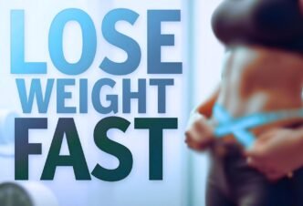 Lose weight fast text with a background image of a ladies body with measureing tape around her waist