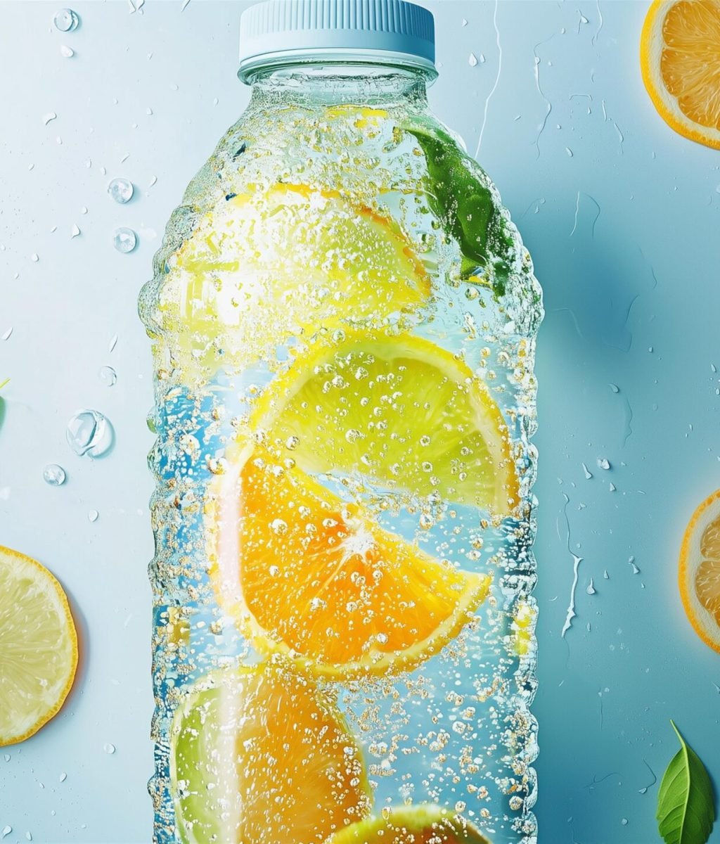 Photorealistic sparkling water bottle ad with bubbles condensation fresh citrus slices